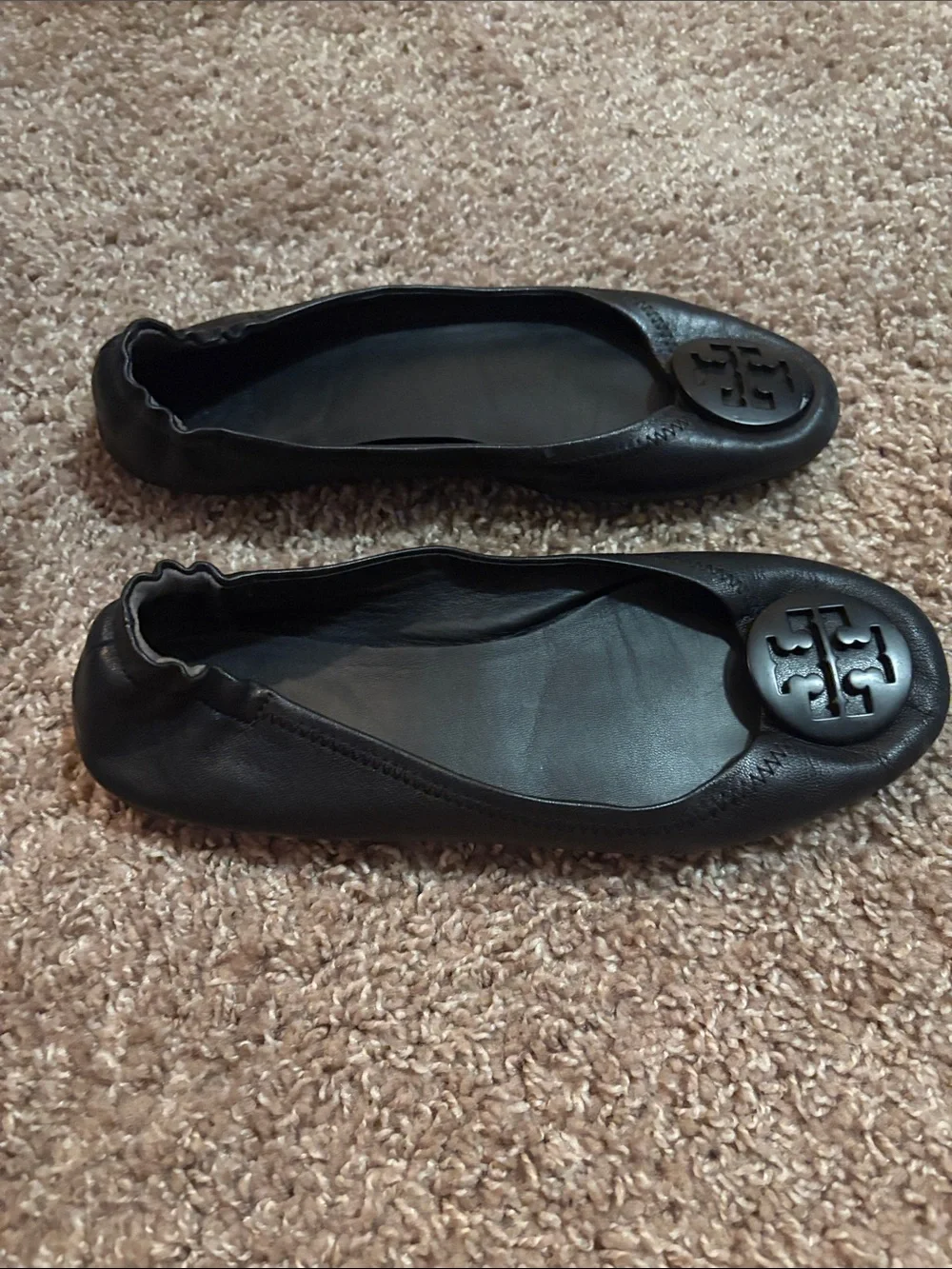 Tory Burch Black Leather Logo Ballet Flats